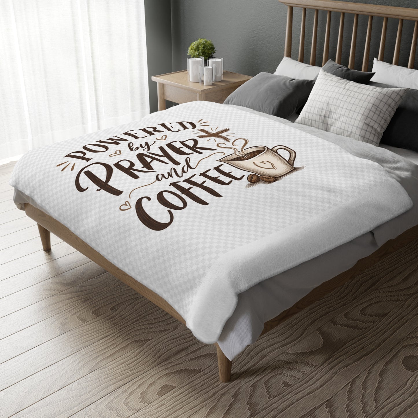 Prayer and Coffee Blanket – “Powered by Prayer and Coffee” Velveteen Throw