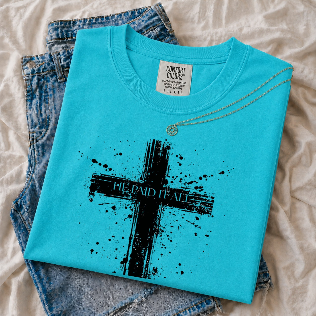 He Paid It All Distressed Cross T-Shirt, Christian Faith Graphic Tee