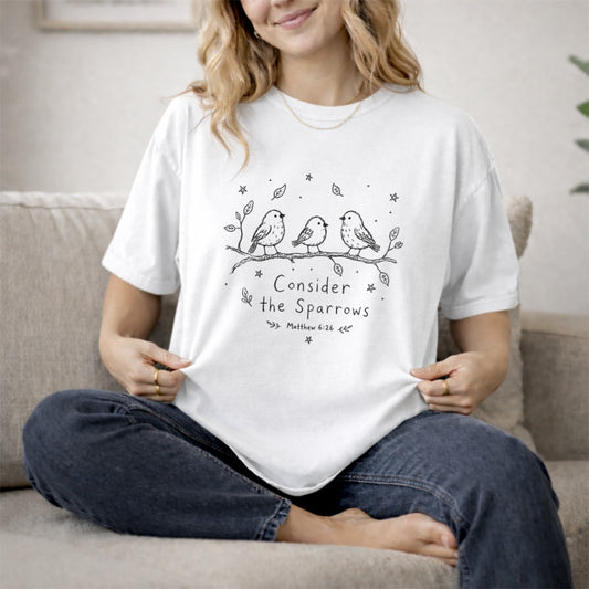 Consider the Sparrows Shirt, Matthew 6:26 Scripture Tee, Comfort Colors Bird Faith Shirt