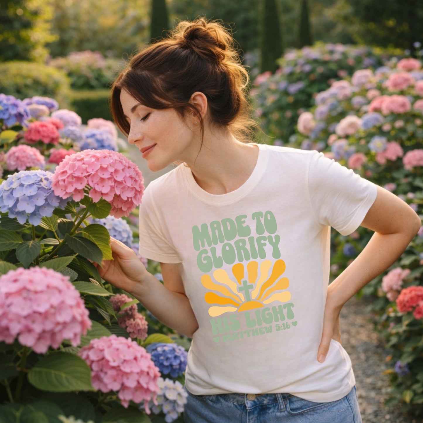 Made to Glorify His Light T-Shirt | Matthew 5:16 Christian Tee | Faith Gift for Women Men | Bella Canvas Scripture Shirt