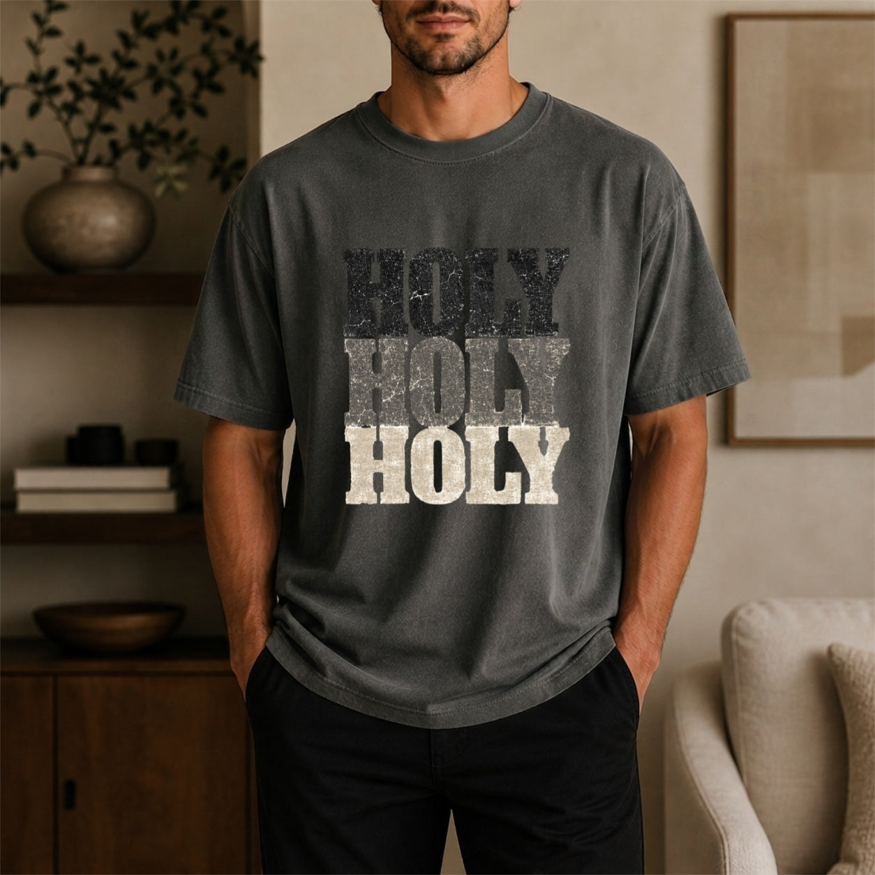 Holy Worship Tee, Isaiah 6:3 Scripture Shirt, Distressed Faith Apparel