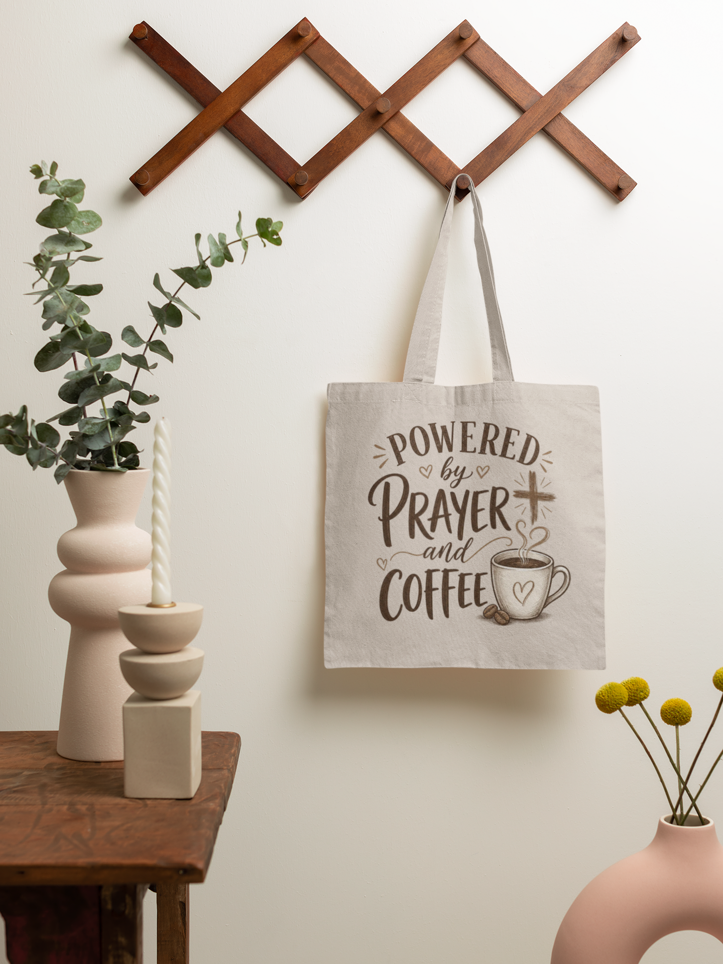 Powered by Prayer and Coffee Tote Bag | Religious Coffee Canvas Tote