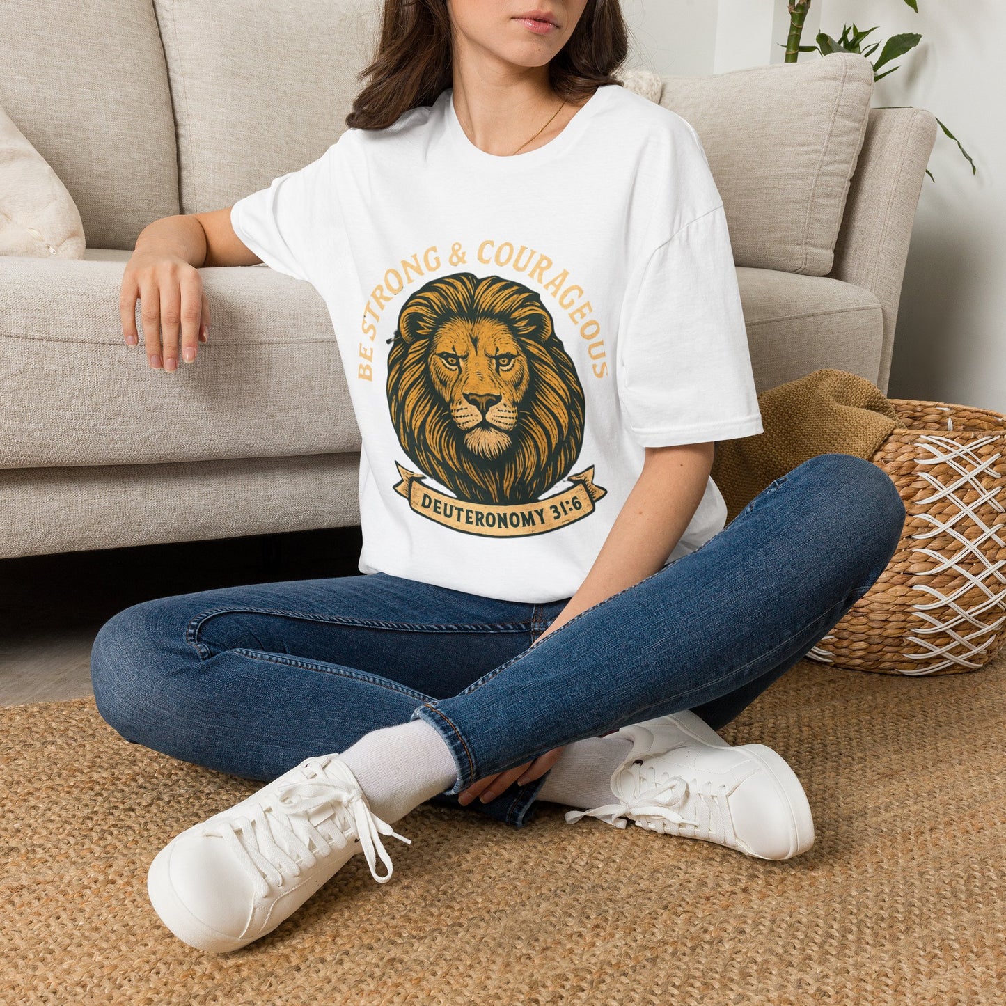 Be Strong & Courageous Lion Faith T-Shirt | Christian Scripture Tee | Deuteronomy 31:6 | Unisex Graphic Shirt
