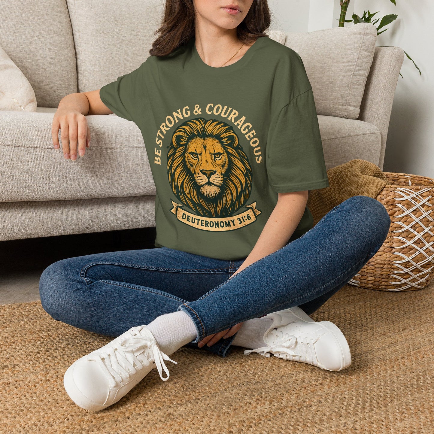 Be Strong & Courageous Lion Faith T-Shirt | Christian Scripture Tee | Deuteronomy 31:6 | Unisex Graphic Shirt