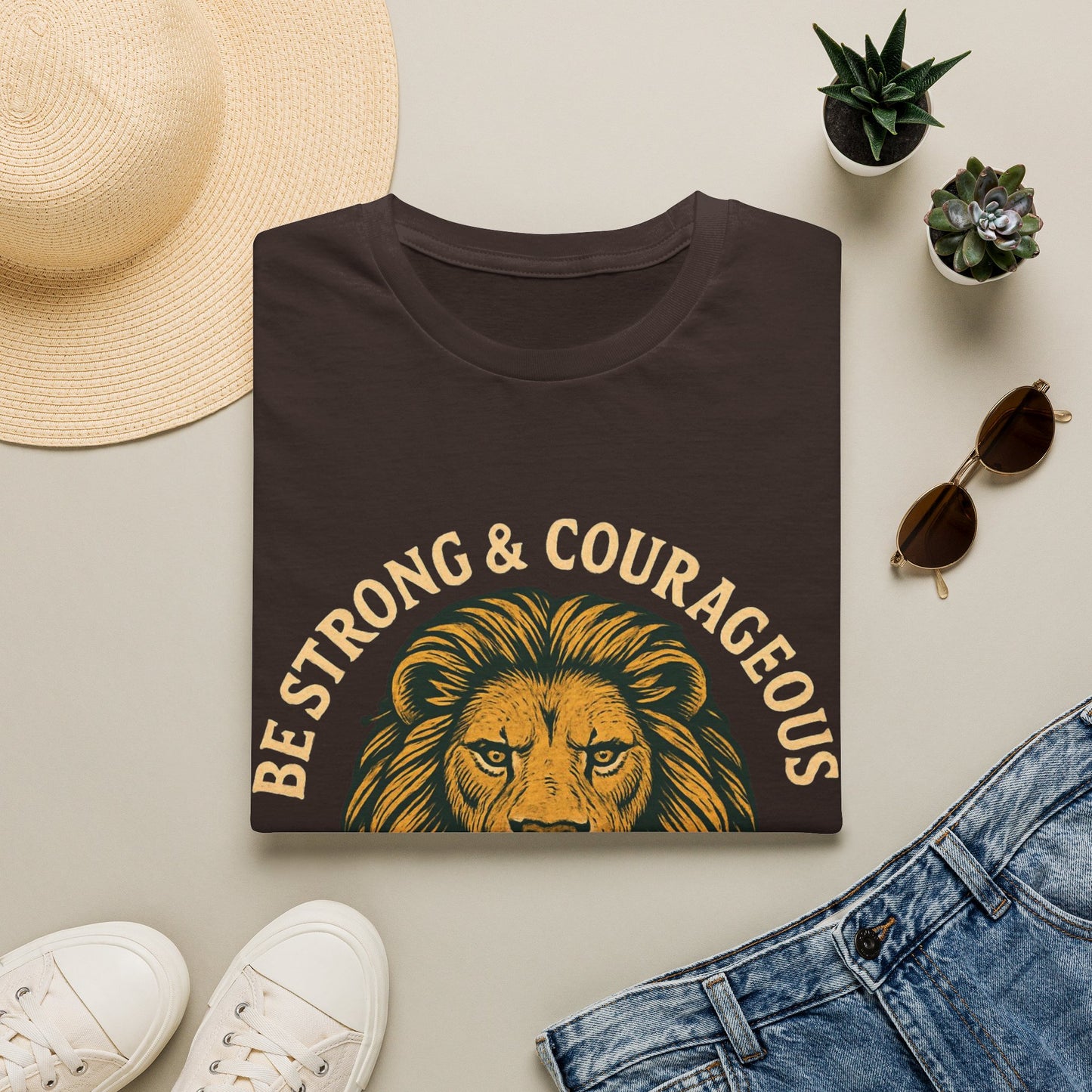 Be Strong & Courageous Lion Faith T-Shirt | Christian Scripture Tee | Deuteronomy 31:6 | Unisex Graphic Shirt