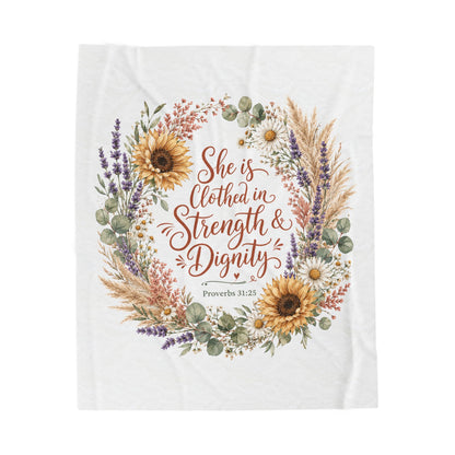 She is Clothed in Strength & Dignity Blanket, Proverbs 31:25 Gift, Christian Woman Plush Throw, Sunflower Floral Bible Verse Blanket