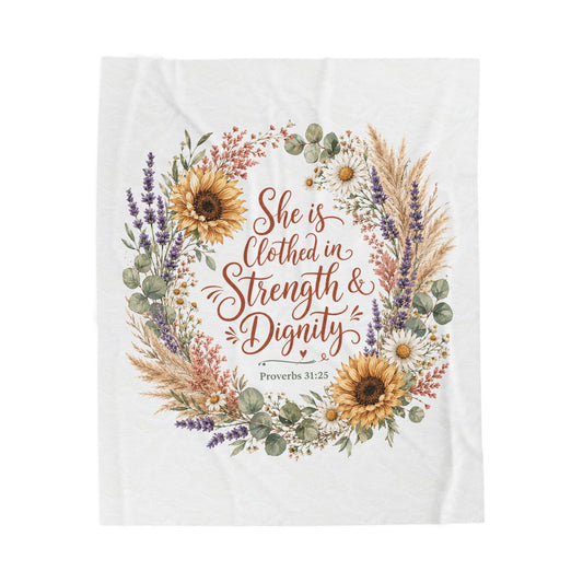 She is Clothed in Strength & Dignity Blanket, Proverbs 31:25 Gift, Christian Woman Plush Throw, Sunflower Floral Bible Verse Blanket