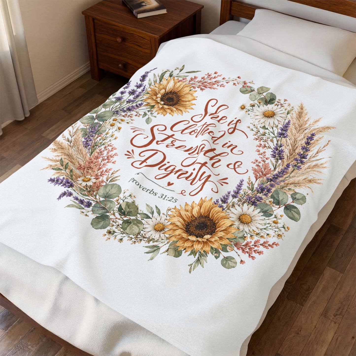 She is Clothed in Strength & Dignity Blanket, Proverbs 31:25 Gift, Christian Woman Plush Throw, Sunflower Floral Bible Verse Blanket