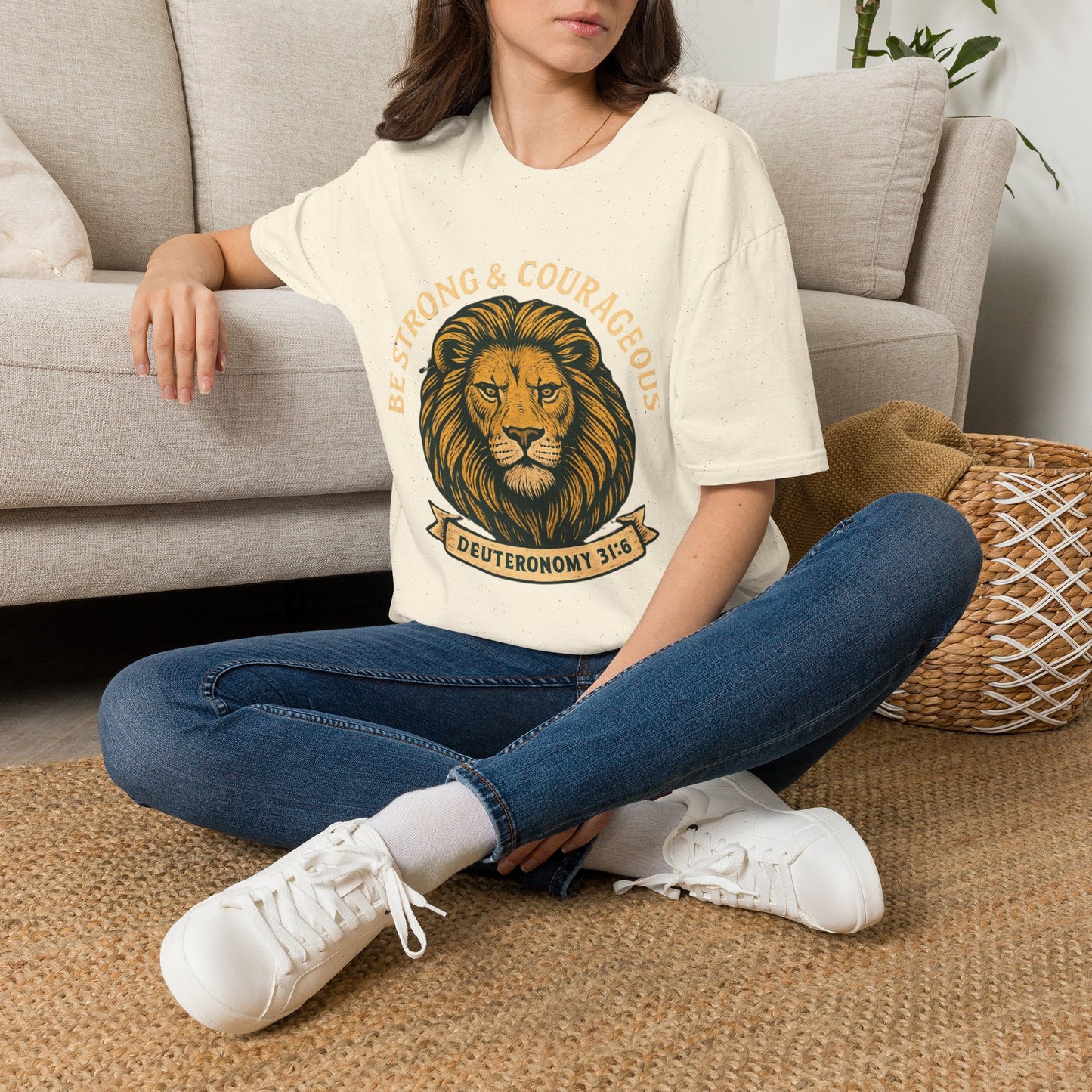 Be Strong & Courageous Lion Faith T-Shirt | Christian Scripture Tee | Deuteronomy 31:6 | Unisex Graphic Shirt
