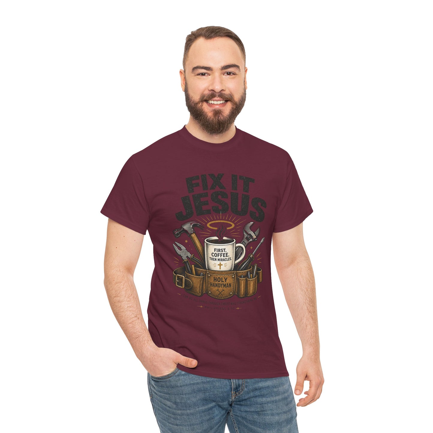 Fix It Jesus T-Shirt | Funny Christian Graphic Tee | Faith Coffee & Tools Gift for Men & Women