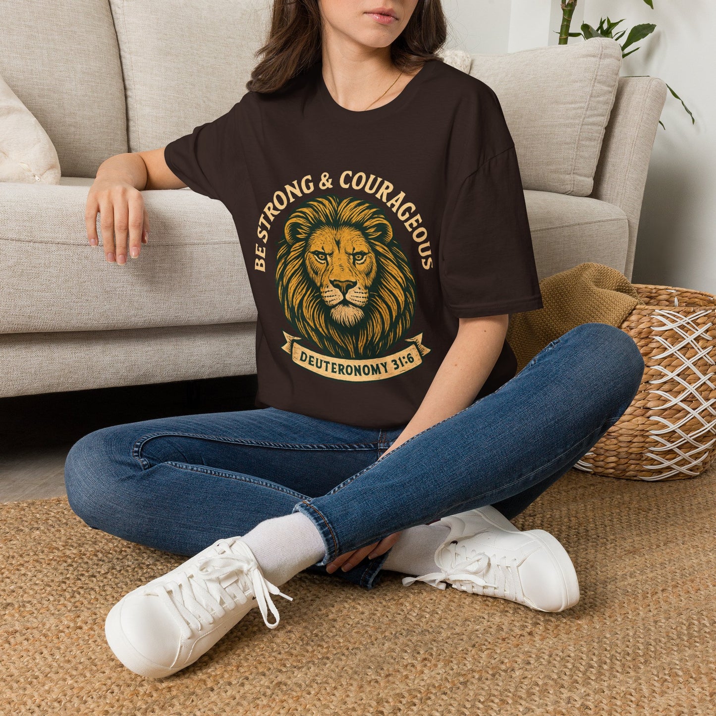 Be Strong & Courageous Lion Faith T-Shirt | Christian Scripture Tee | Deuteronomy 31:6 | Unisex Graphic Shirt
