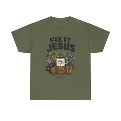 Fix It Jesus T-Shirt | Funny Christian Graphic Tee | Faith Coffee & Tools Gift for Men & Women