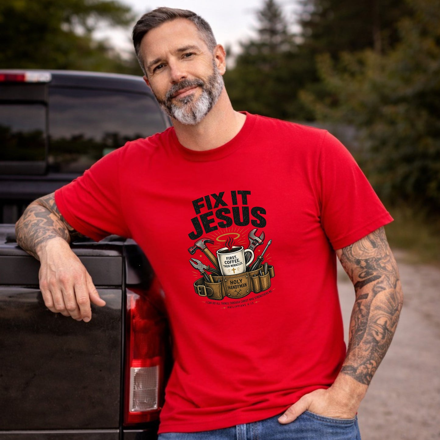 Fix It Jesus T-Shirt | Funny Christian Graphic Tee | Faith Coffee & Tools Gift for Men & Women