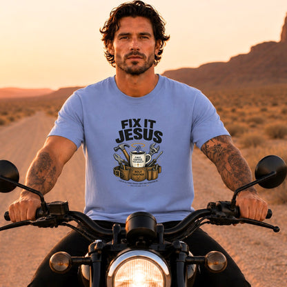 Fix It Jesus T-Shirt | Funny Christian Graphic Tee | Faith Coffee & Tools Gift for Men & Women