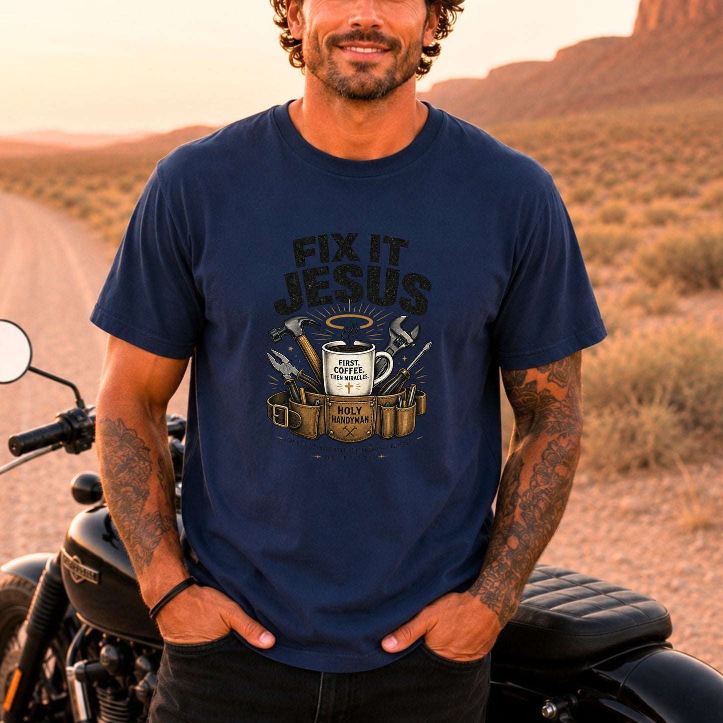 Fix It Jesus T-Shirt | Funny Christian Graphic Tee | Faith Coffee & Tools Gift for Men & Women
