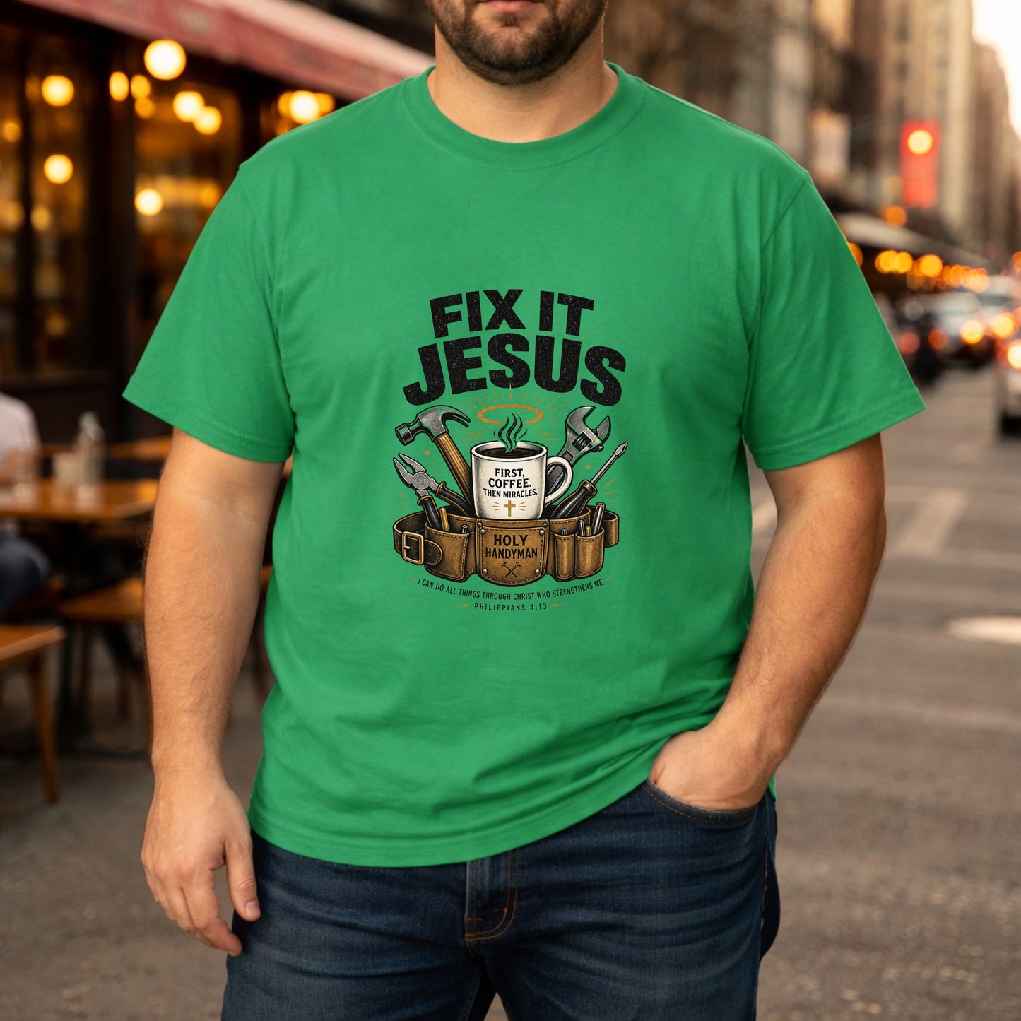Fix It Jesus T-Shirt | Funny Christian Graphic Tee | Faith Coffee & Tools Gift for Men & Women
