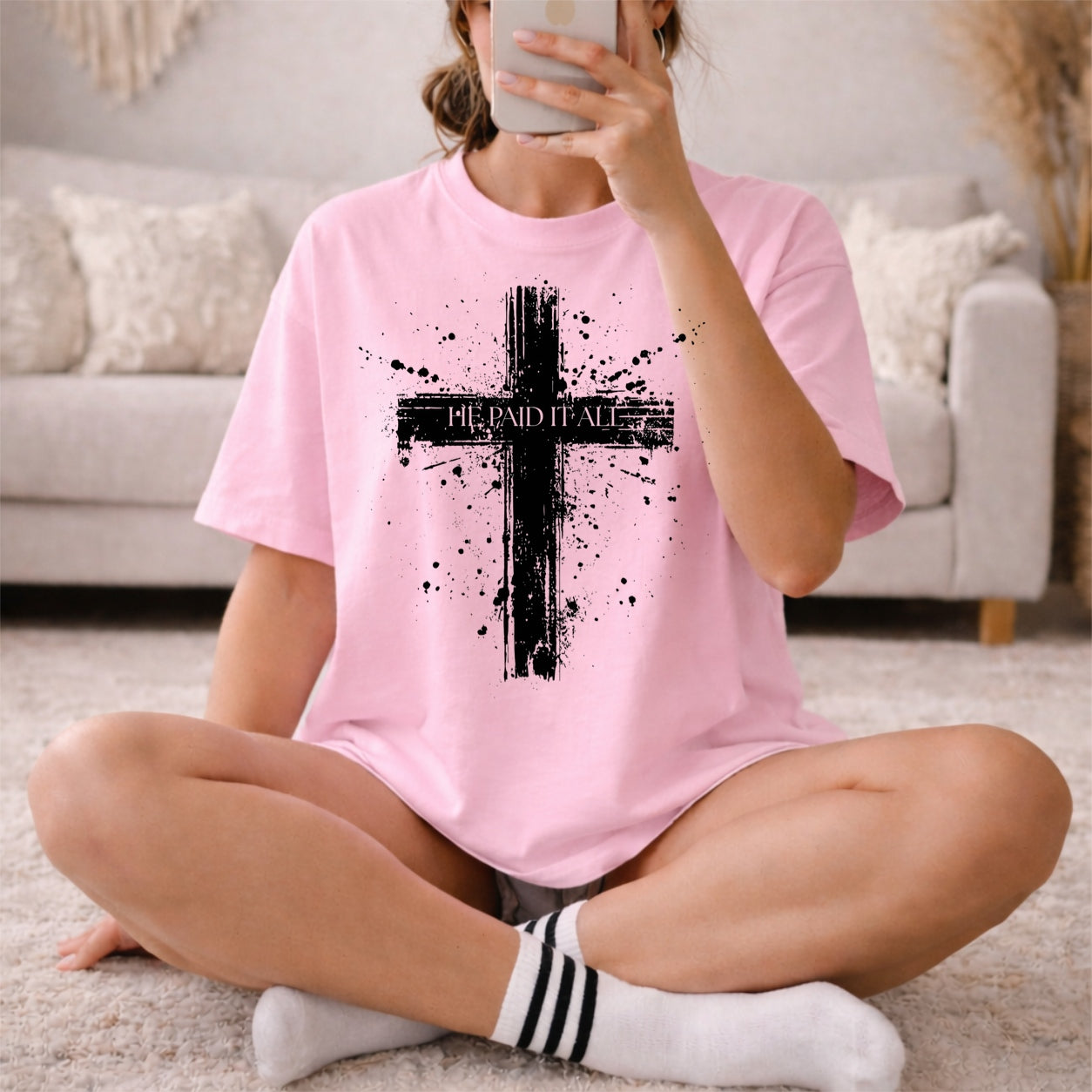 He Paid It All Distressed Cross T-Shirt, Christian Faith Graphic Tee