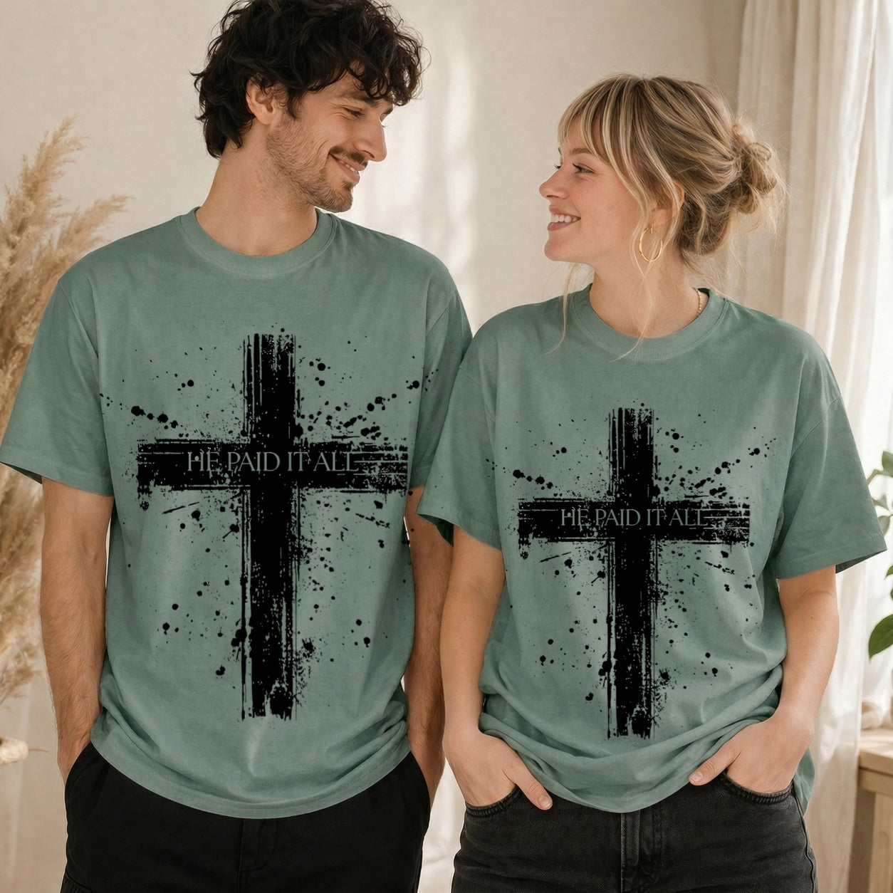He Paid It All Distressed Cross T-Shirt, Christian Faith Graphic Tee