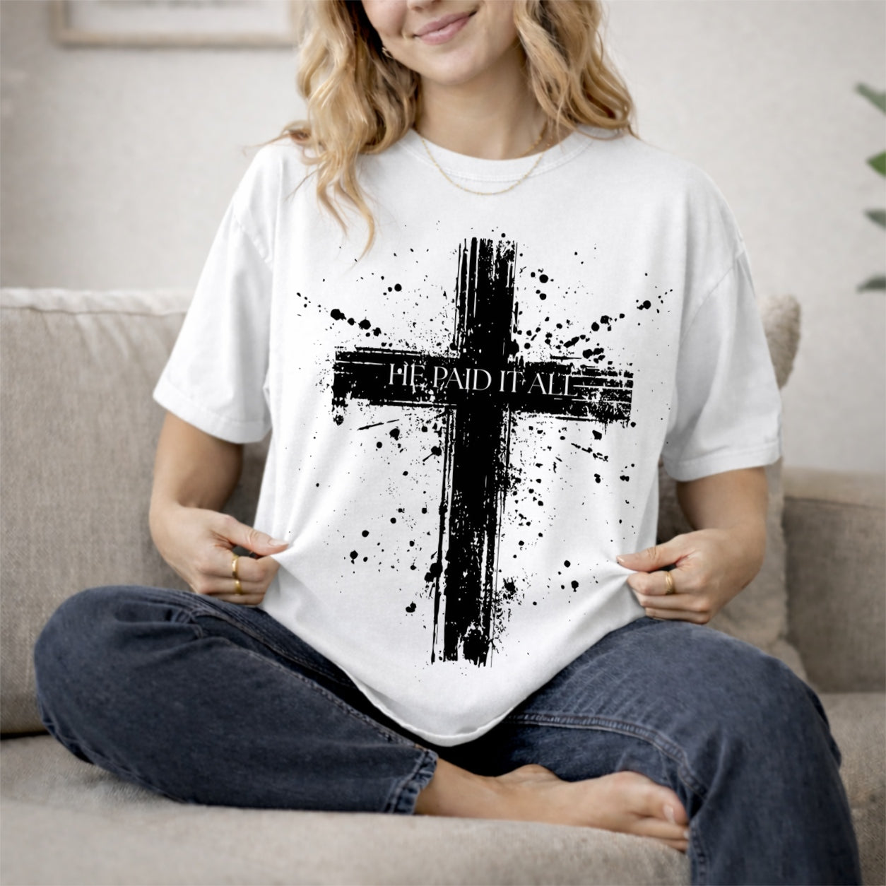 He Paid It All Distressed Cross T-Shirt, Christian Faith Graphic Tee