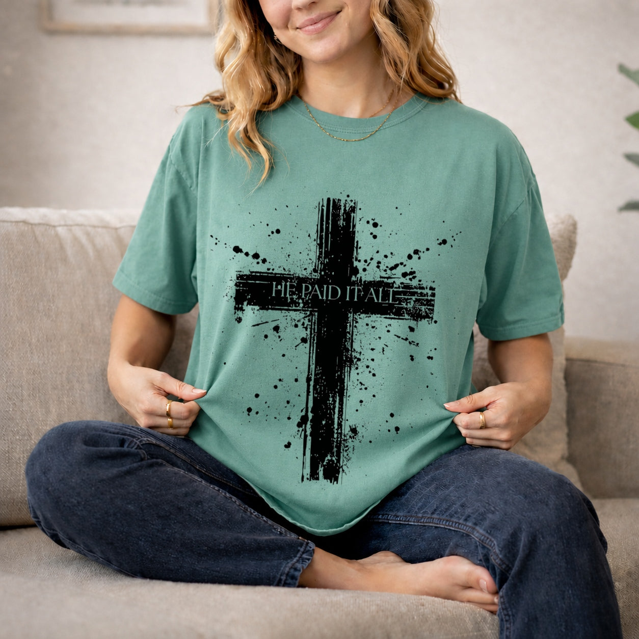 He Paid It All Distressed Cross T-Shirt, Christian Faith Graphic Tee