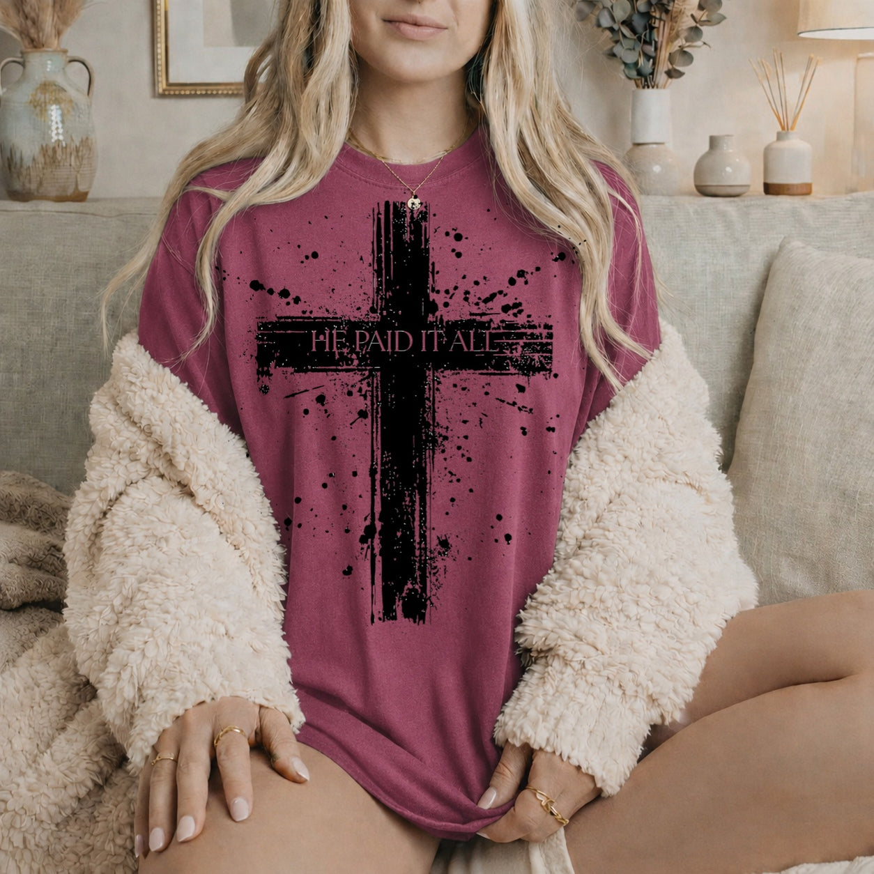 He Paid It All Distressed Cross T-Shirt, Christian Faith Graphic Tee