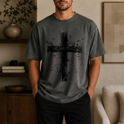 He Paid It All Distressed Cross T-Shirt, Christian Faith Graphic Tee