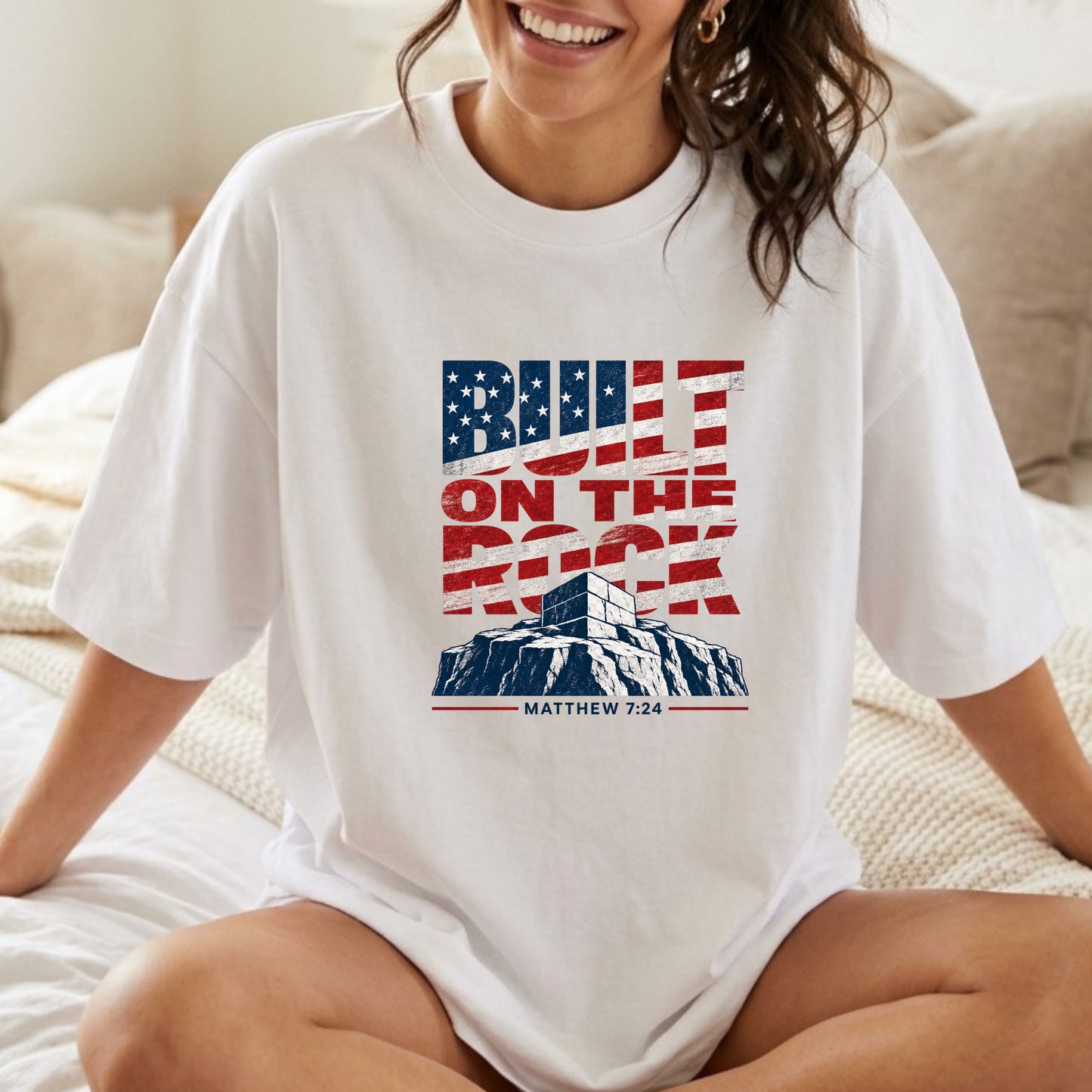 Built on the Rock T-Shirt | American Flag Typography, Matthew 7:24