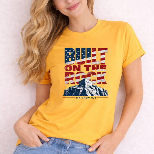 Built on the Rock T-Shirt | American Flag Typography, Matthew 7:24