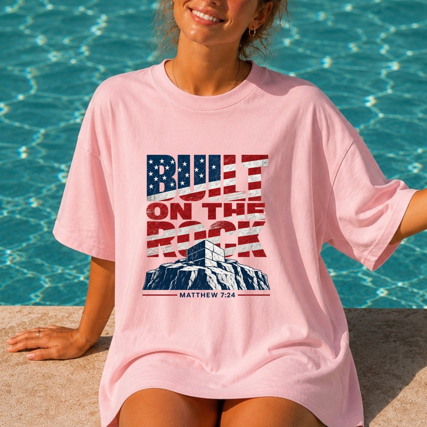 Built on the Rock T-Shirt | American Flag Typography, Matthew 7:24