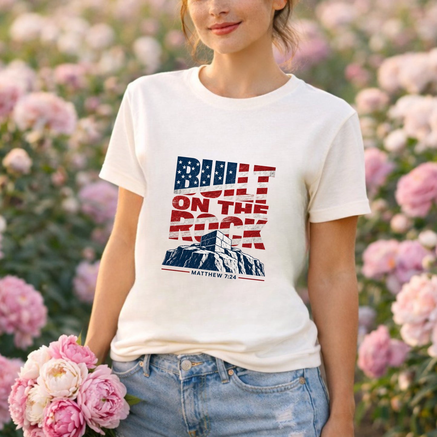 Built on the Rock T-Shirt | American Flag Typography, Matthew 7:24