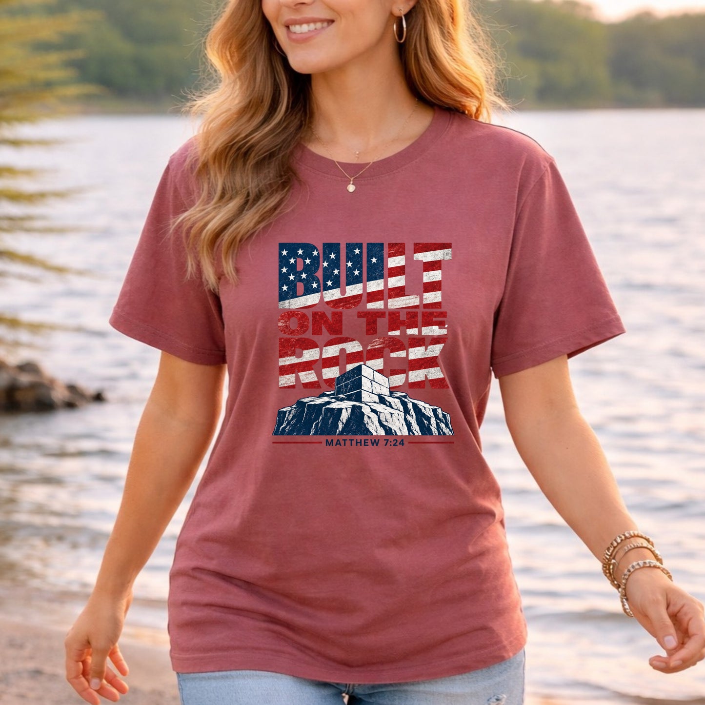 Built on the Rock T-Shirt | American Flag Typography, Matthew 7:24