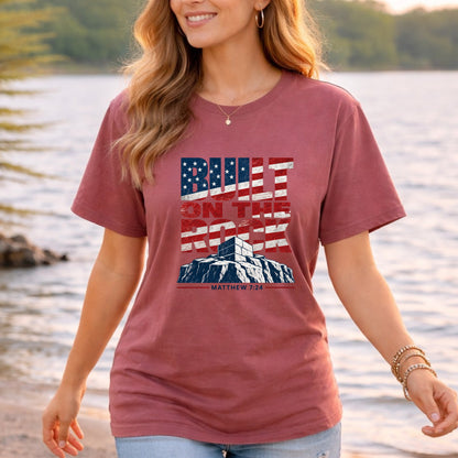 Built on the Rock T-Shirt | American Flag Typography, Matthew 7:24