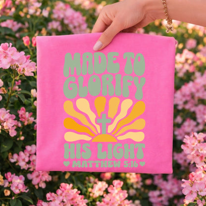 Made to Glorify His Light T-Shirt | Matthew 5:16 Christian Tee | Faith Gift for Women Men | Bella Canvas Scripture Shirt