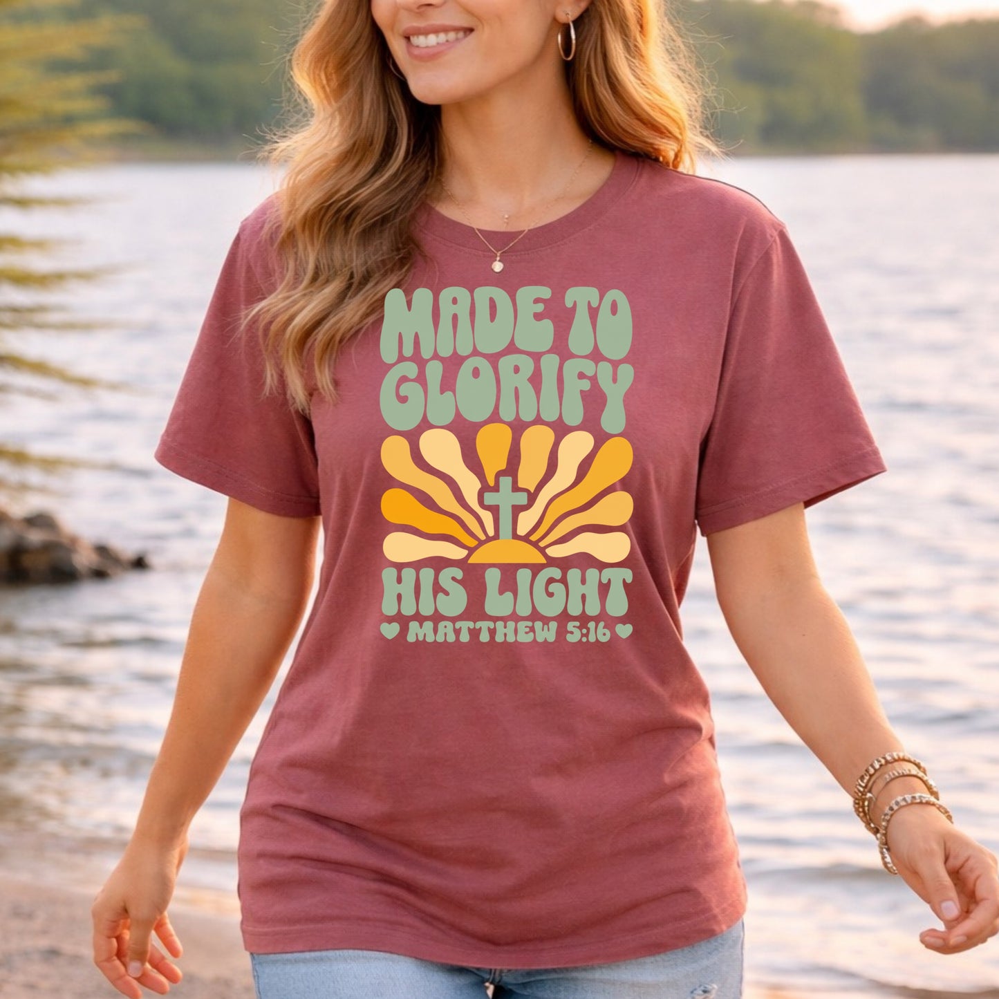Made to Glorify His Light T-Shirt | Matthew 5:16 Christian Tee | Faith Gift for Women Men | Bella Canvas Scripture Shirt