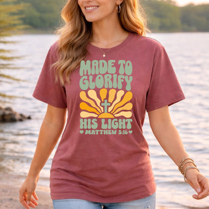 Made to Glorify His Light T-Shirt | Matthew 5:16 Christian Tee | Faith Gift for Women Men | Bella Canvas Scripture Shirt
