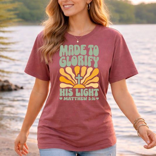 Made to Glorify His Light T-Shirt | Matthew 5:16 Christian Tee | Faith Gift for Women Men | Bella Canvas Scripture Shirt