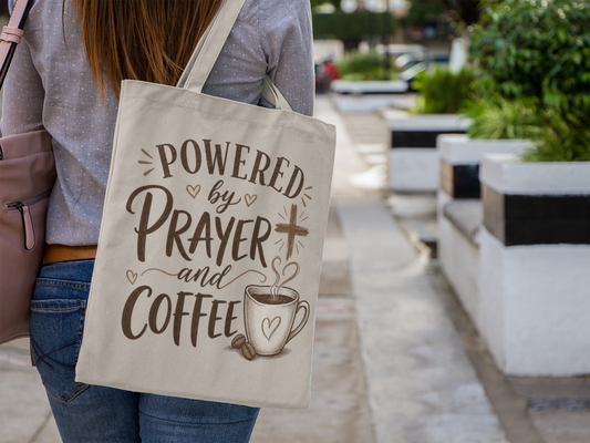 Powered by Prayer and Coffee Tote Bag | Religious Coffee Canvas Tote