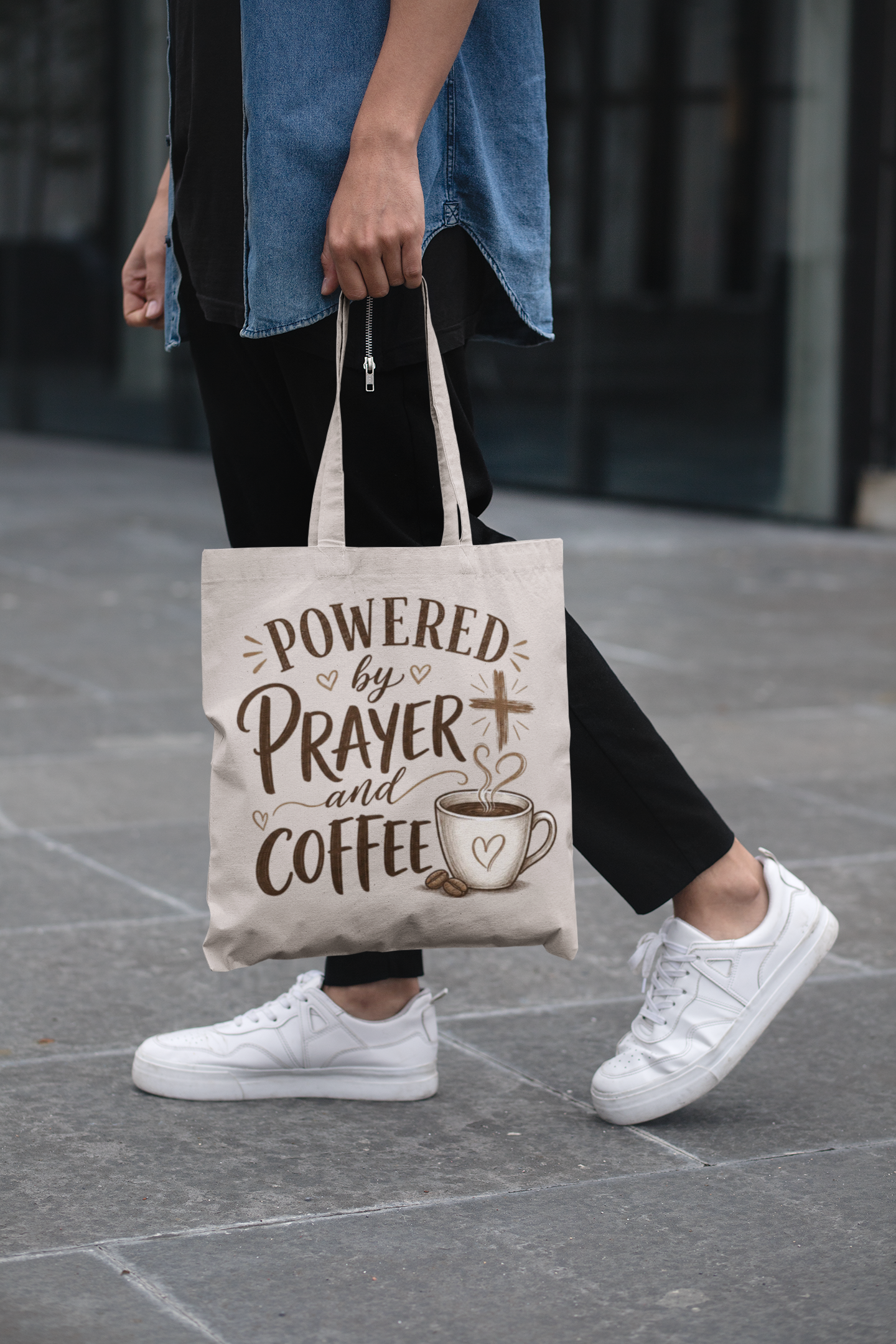 Powered by Prayer and Coffee Tote Bag | Religious Coffee Canvas Tote
