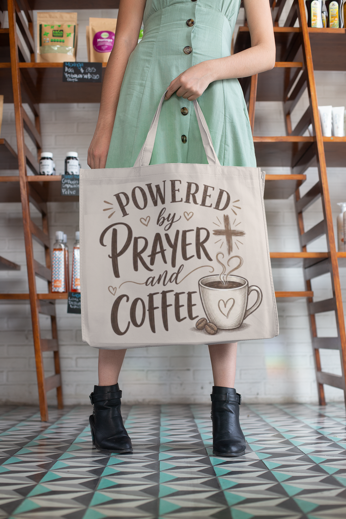 Powered by Prayer and Coffee Tote Bag | Religious Coffee Canvas Tote