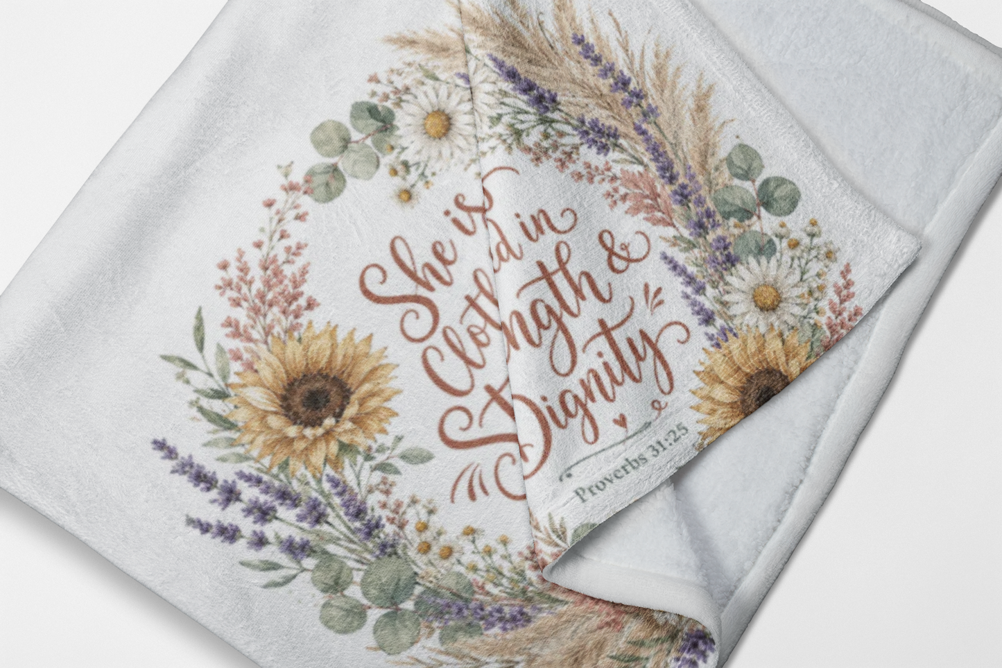 She is Clothed in Strength & Dignity Blanket, Proverbs 31:25 Gift, Christian Woman Plush Throw, Sunflower Floral Bible Verse Blanket