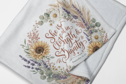 She is Clothed in Strength & Dignity Blanket, Proverbs 31:25 Gift, Christian Woman Plush Throw, Sunflower Floral Bible Verse Blanket