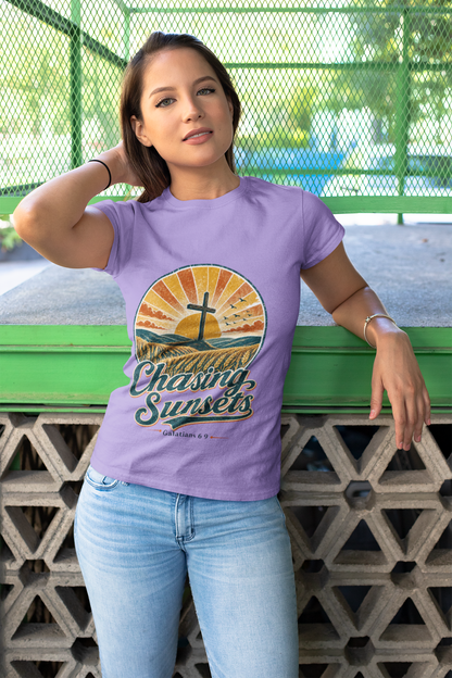 Chasing Sunsets Christian T-Shirt, Retro Cross Sunset Graphic Tee, Comfort Colors 1717 Garment Dyed Shirt, Faith Gift for Women or Men