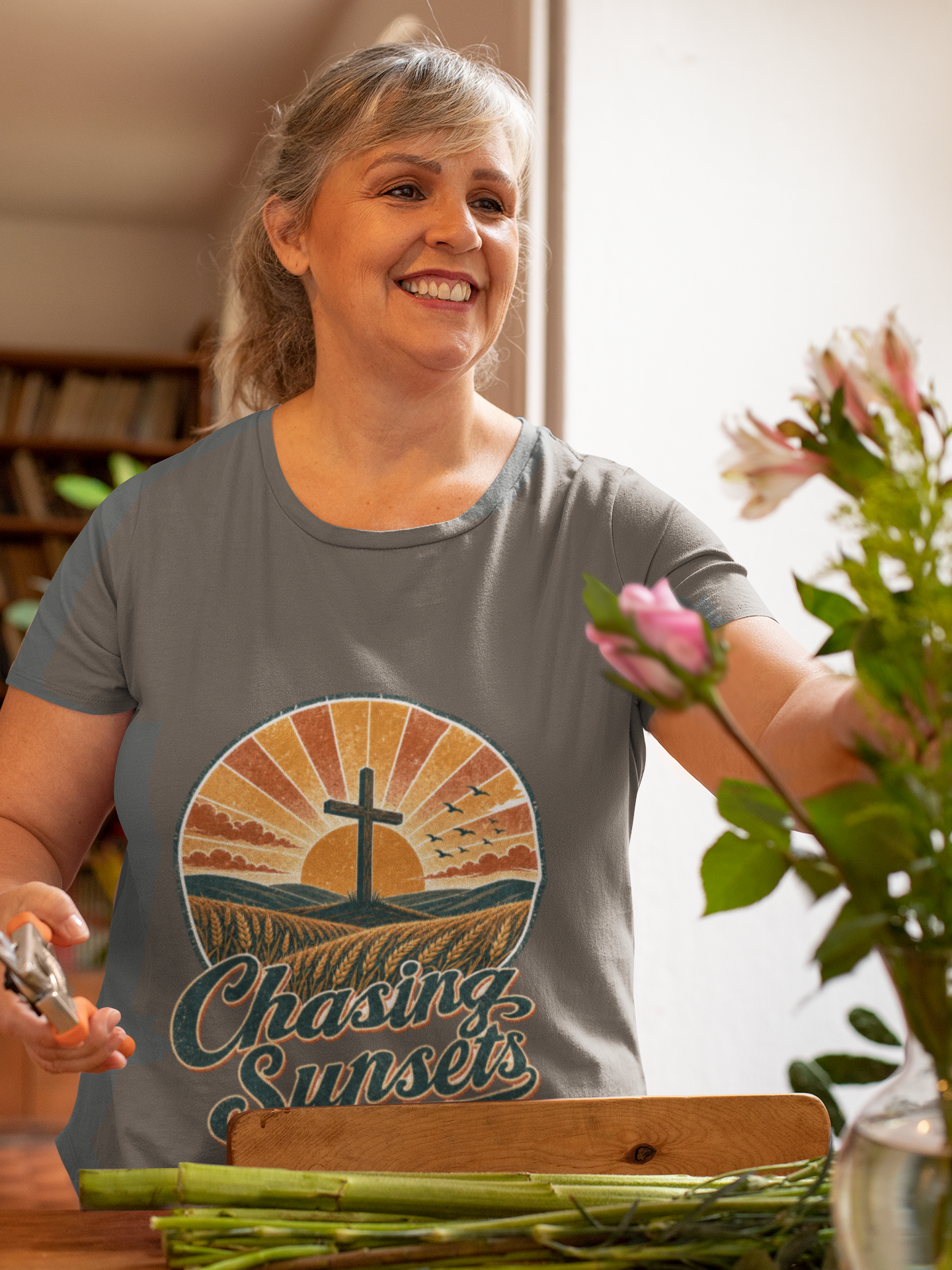 Chasing Sunsets Christian T-Shirt, Retro Cross Sunset Graphic Tee, Comfort Colors 1717 Garment Dyed Shirt, Faith Gift for Women or Men