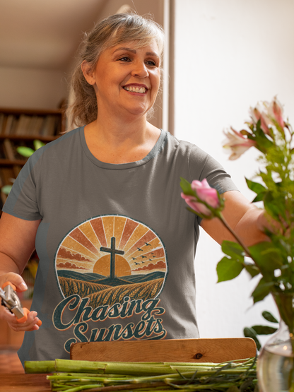 Chasing Sunsets Christian T-Shirt, Retro Cross Sunset Graphic Tee, Comfort Colors 1717 Garment Dyed Shirt, Faith Gift for Women or Men
