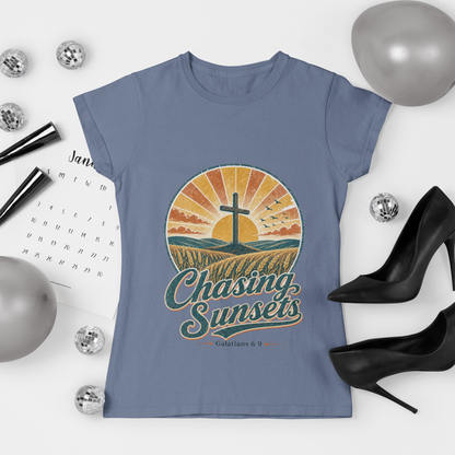 Chasing Sunsets Christian T-Shirt, Retro Cross Sunset Graphic Tee, Comfort Colors 1717 Garment Dyed Shirt, Faith Gift for Women or Men