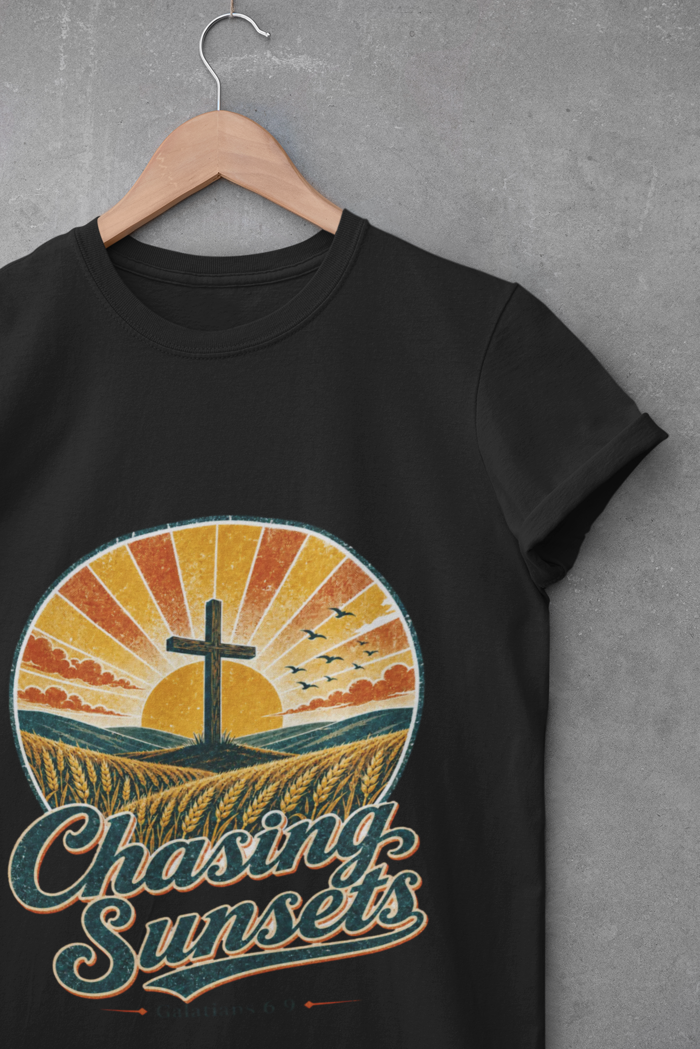 Chasing Sunsets Christian T-Shirt, Retro Cross Sunset Graphic Tee, Comfort Colors 1717 Garment Dyed Shirt, Faith Gift for Women or Men