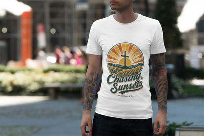 Chasing Sunsets Christian T-Shirt, Retro Cross Sunset Graphic Tee, Comfort Colors 1717 Garment Dyed Shirt, Faith Gift for Women or Men