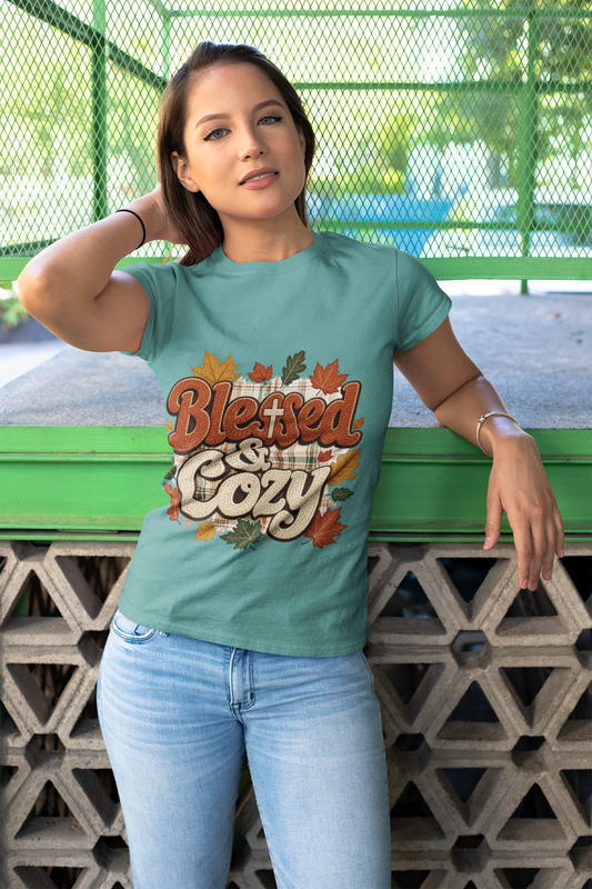 Blessed & Cozy Fall Shirt, Autumn Leaves Plaid Tee, Comfort Colors 1717 Garment Dyed T-Shirt, Thanksgiving Gift, Cozy Season Sweatshirt Tee