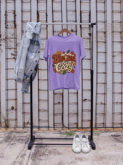 Blessed & Cozy Fall Shirt, Autumn Leaves Plaid Tee, Comfort Colors 1717 Garment Dyed T-Shirt, Thanksgiving Gift, Cozy Season Sweatshirt Tee