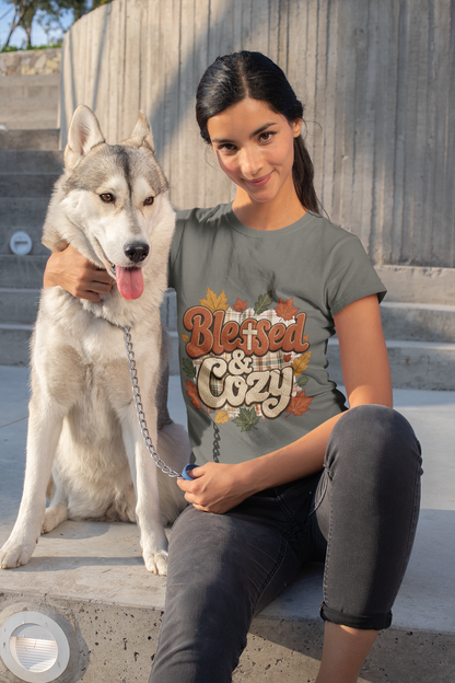 Blessed & Cozy Fall Shirt, Autumn Leaves Plaid Tee, Comfort Colors 1717 Garment Dyed T-Shirt, Thanksgiving Gift, Cozy Season Sweatshirt Tee